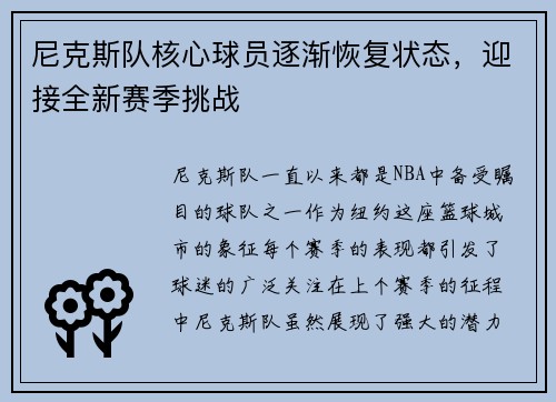 尼克斯队核心球员逐渐恢复状态，迎接全新赛季挑战