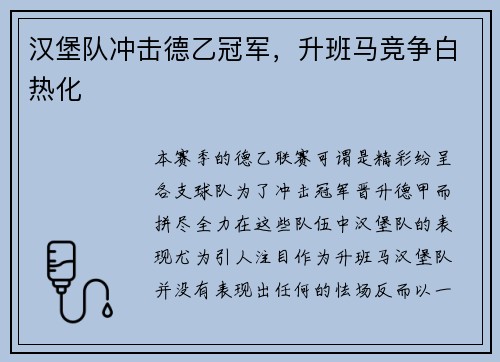 汉堡队冲击德乙冠军，升班马竞争白热化